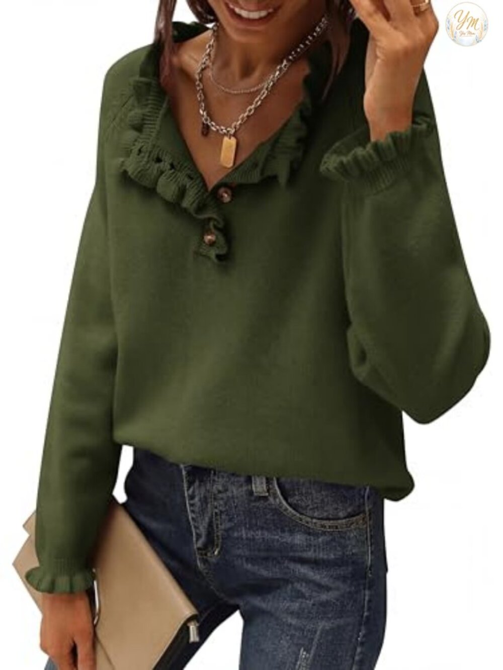 Womens Ruffle Button Down Knit Pullover Sweater Crewneck Long Sleeve